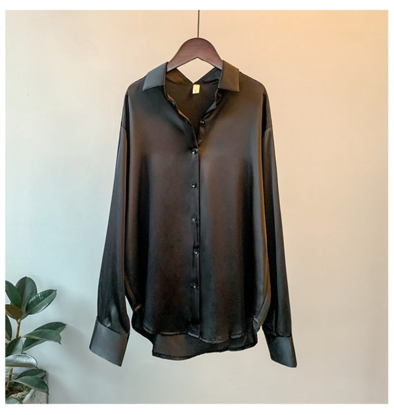 Blusa feminina de manga comprida para escritório, outono de 2023, sobrecamisa de cetim, roupa feminina elegante, estilo coreano, blusa de grife de luxo