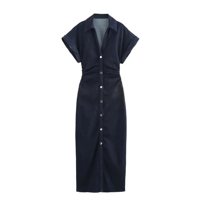 Vestido MIDI de mezclilla con solapa y cremallera lateral, estilo ETJ 2025 traf Primavera 1975, cintura arrugada, elegante y ajustado.