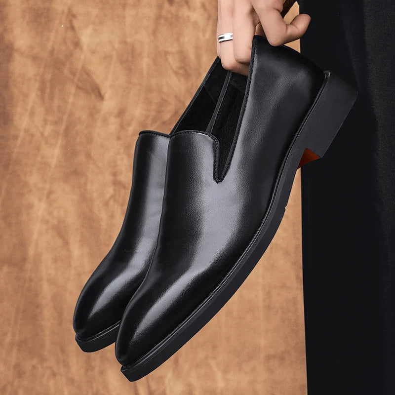 Zapatos formales de cuero sin cordones para hombre, mocasines casuales, zapatos de boda negros, elegantes zapatos Oxford de punta puntiaguda para oficina