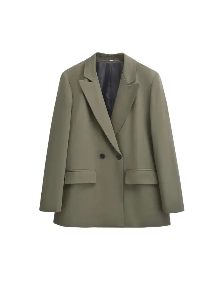 TRZA - Blazer feminino de abotoamento duplo para escritório, manga comprida, bolsos com aba, agasalho feminino, blusas chiques, moda