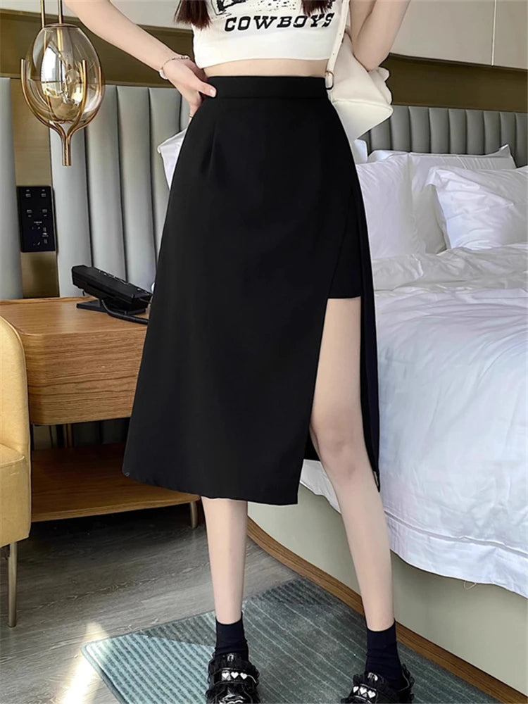 Falda negra de cintura alta con abertura irregular en la cadera para mujer, estilo Harajuku vintage de verano, longitud media, 2023