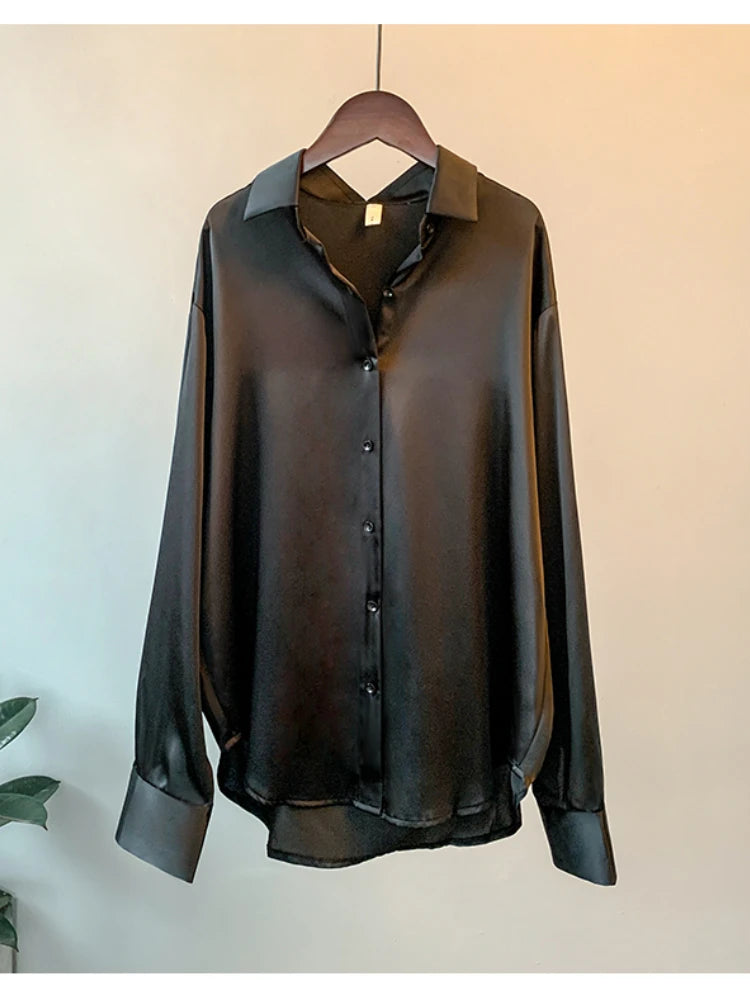 Blusa feminina de manga comprida para escritório, outono de 2023, sobrecamisa de cetim, roupa feminina elegante, estilo coreano, blusa de grife de luxo