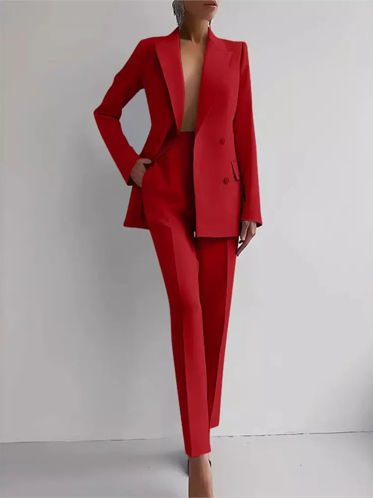 Conjunto de terno casual de manga comprida para primavera e outono, elegante, para escritório, feminino, cor sólida, slim, tops, blazer e calças, conjunto de duas peças, roupa feminina 2025