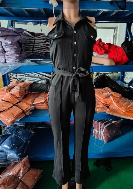 Macacão feminino sexy 2023, gola virada para baixo, sem mangas, skinny, alargado, peça única, roupa da moda, macacão