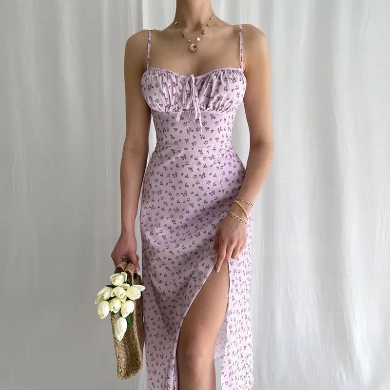 Vestido largo ajustado con estampado floral elegante para mujer, ropa de calle para vacaciones en la playa, verano 2024, artículos al por mayor para negocios.