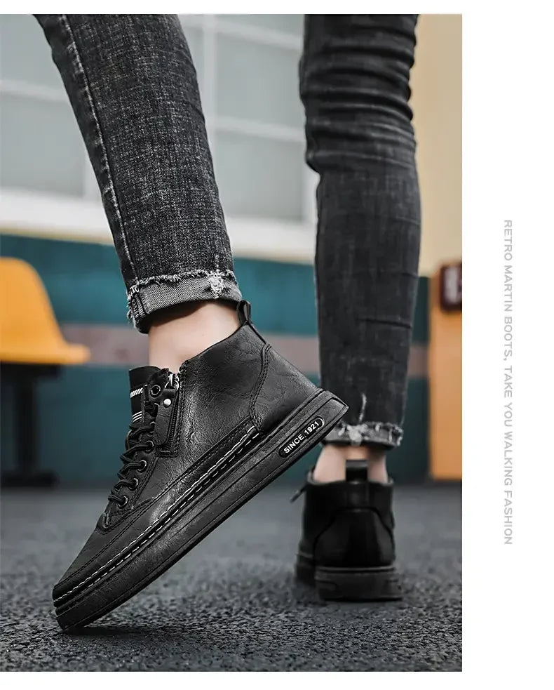 Botas masculinas de inverno, sapatos de couro de cano alto da moda, sapatos de algodão, botas de cano curto da moda, sapatos casuais para negócios e atividades ao ar livre, tênis masculinos novos