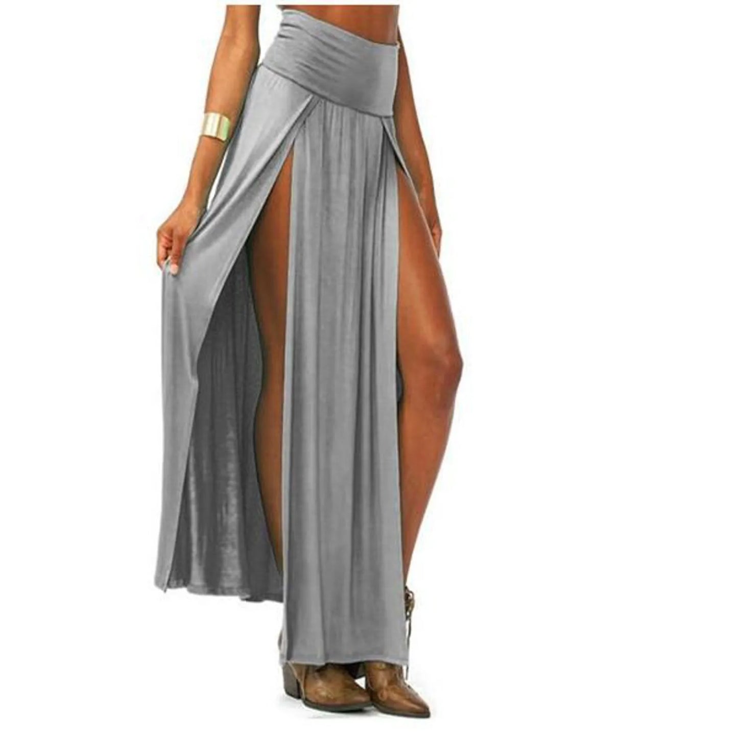 Sexy High Slit Long Skirts for Women Summer Casual Double Side Slit Beach Skirt Solid Color High Waist A-line Faldas