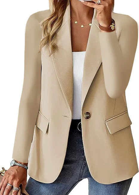 Blazer casual feminino da moda 2024 primavera outono novo cor sólida gola virada para baixo manga comprida casaco elegante para escritório