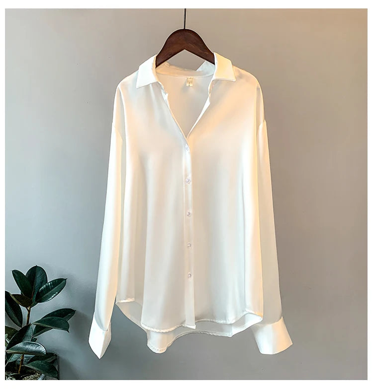 Blusa feminina de manga comprida para escritório, outono de 2023, sobrecamisa de cetim, roupa feminina elegante, estilo coreano, blusa de grife de luxo