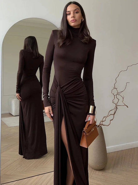 Mozision Vestido longo sexy com gola alta e fenda alta, para mulheres, moda, manga comprida, drapeado, bandagem, justo, clube, vestido longo